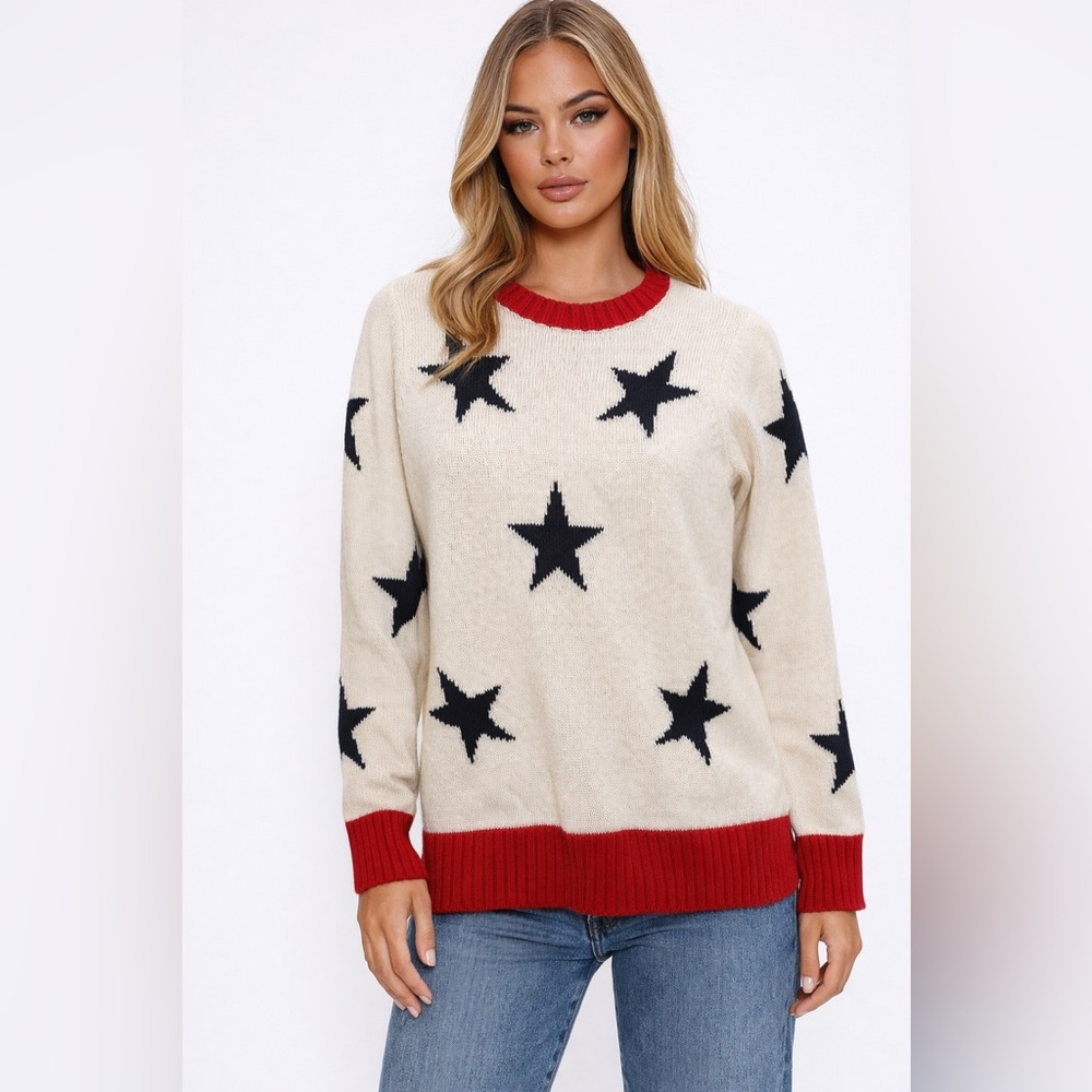 Sail to Sable Star Sweater Cream Navy Red Trim Size Small 17” PTP